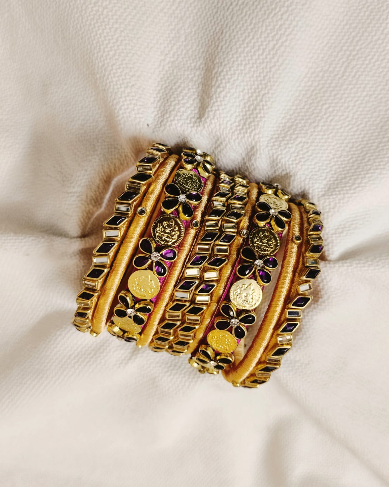 Black-Gold Coin Charm Silk Thread Bangles Set