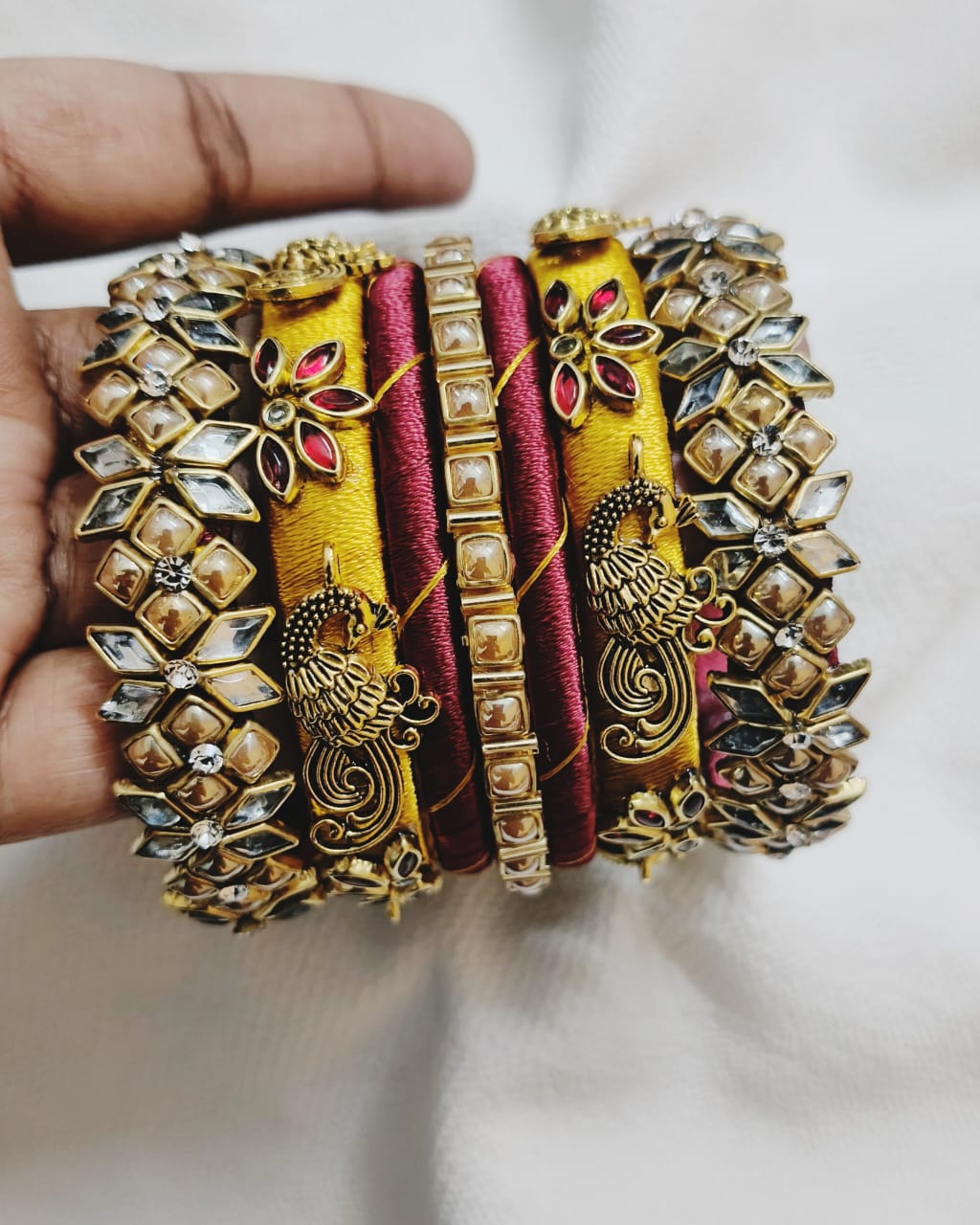Peacock Kundan Silk Thread Bangles Set