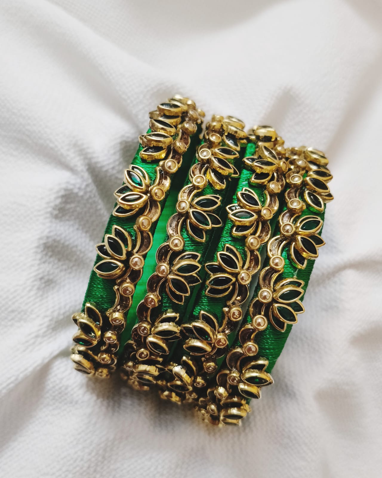 Emerald Leaf Silk Thread Bangles Set