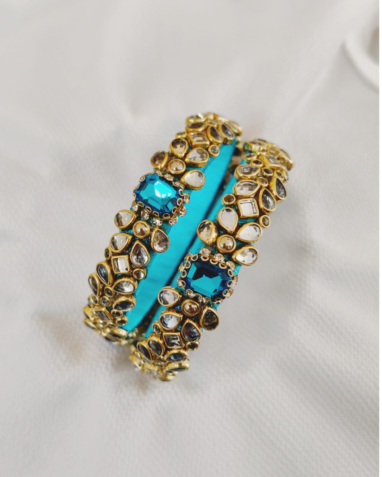 Sky Blue Kundan Velvet Bangles (Pair)