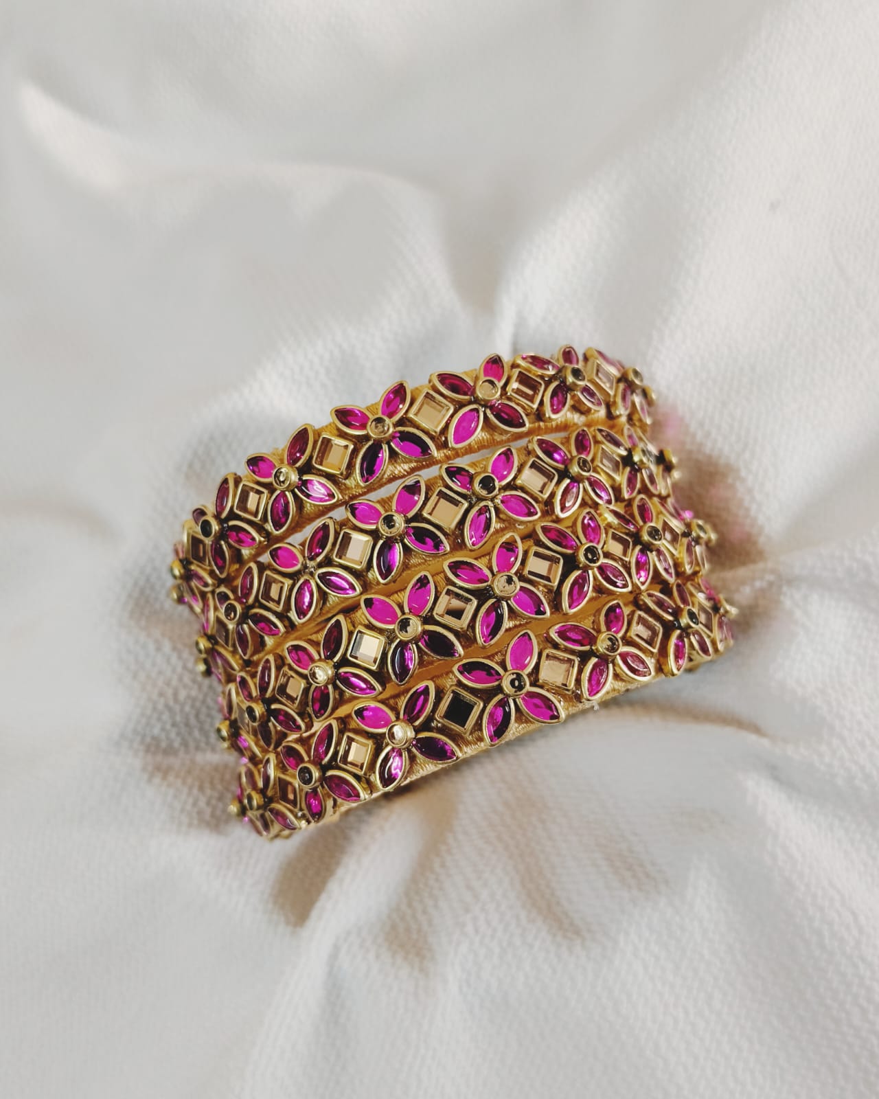 Rani Pink Floral Kundan Statement Kada