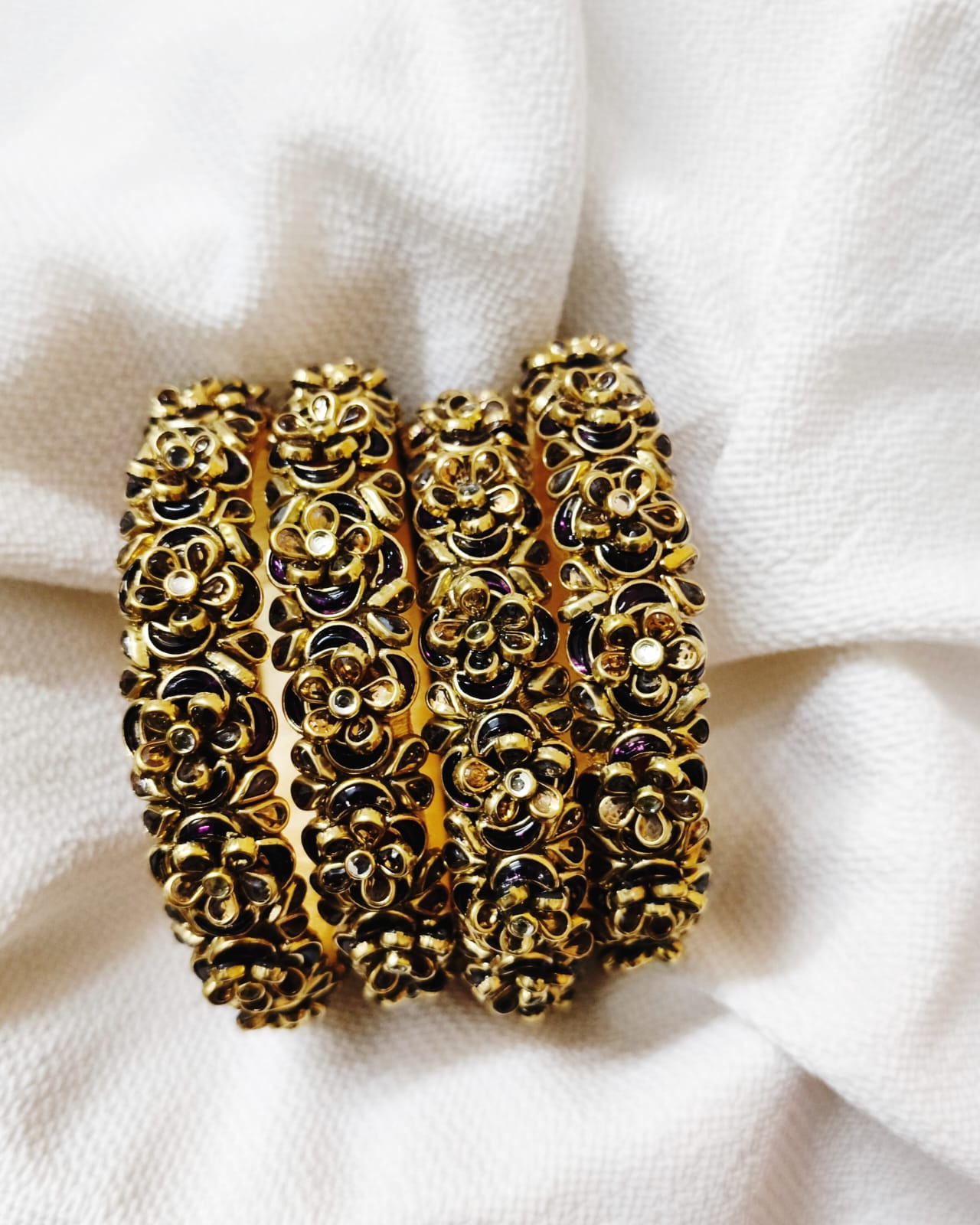 Antique Gold Floral Enamel Bangles (Set of 4)