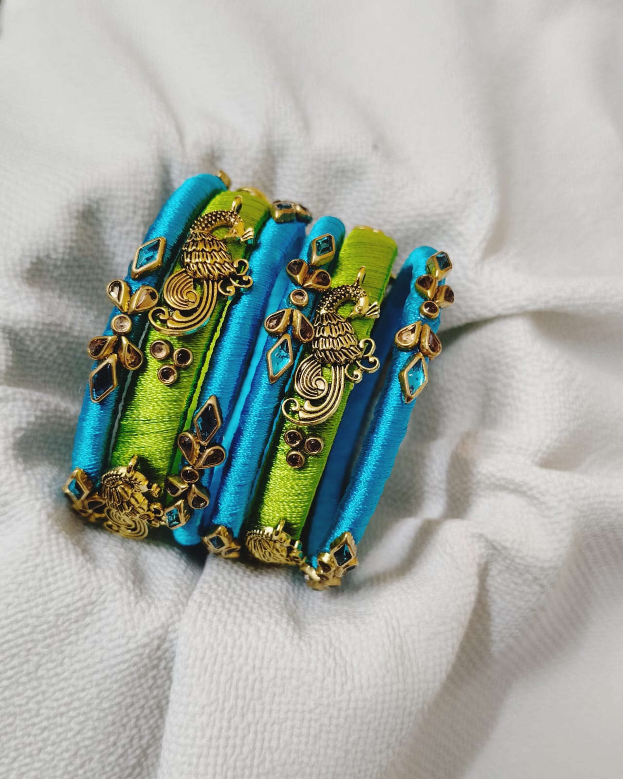 Peacock Silk Thread Bangles Set (Aqua & Lime)