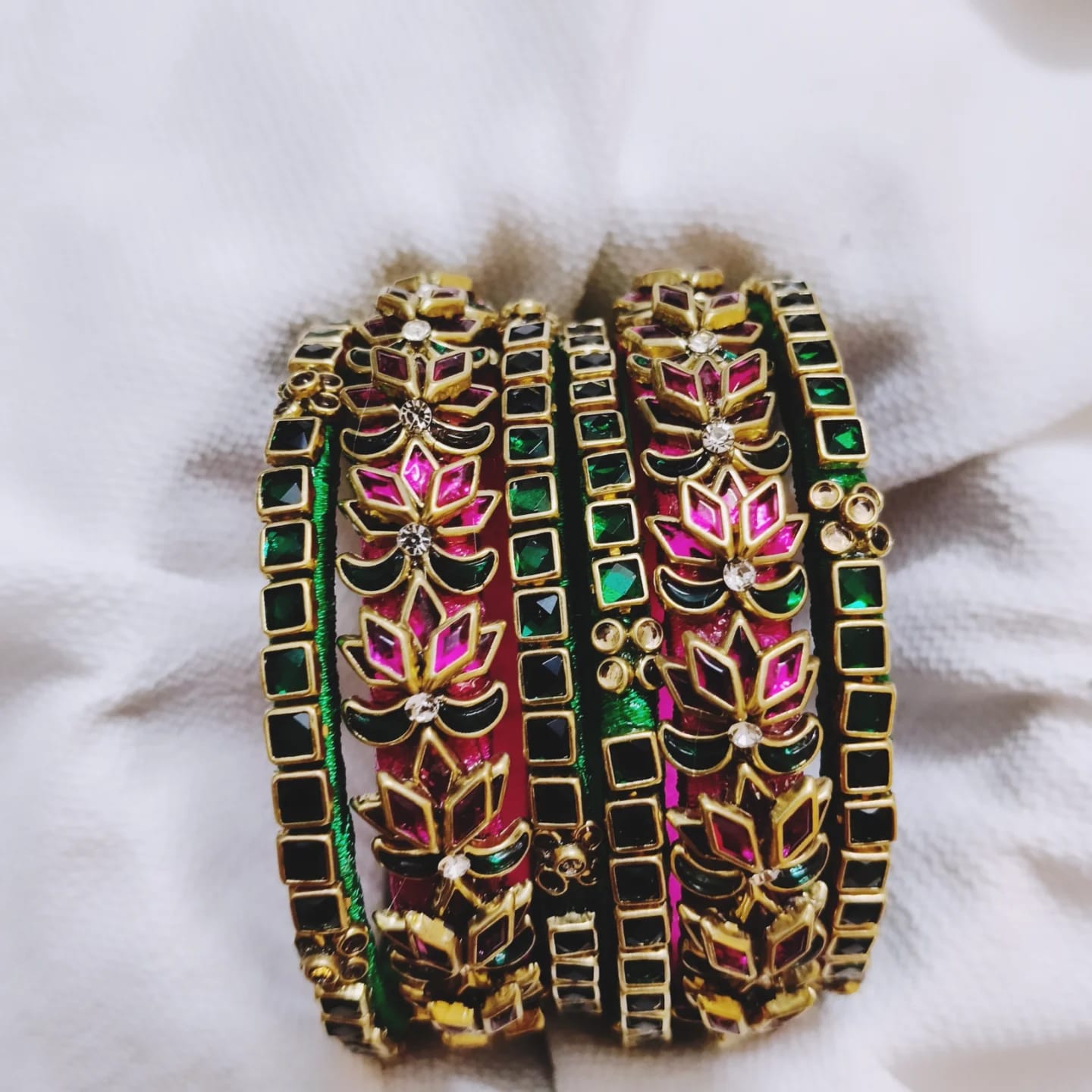 Lotus Stonework Silk Thread Bangles (Pair)
