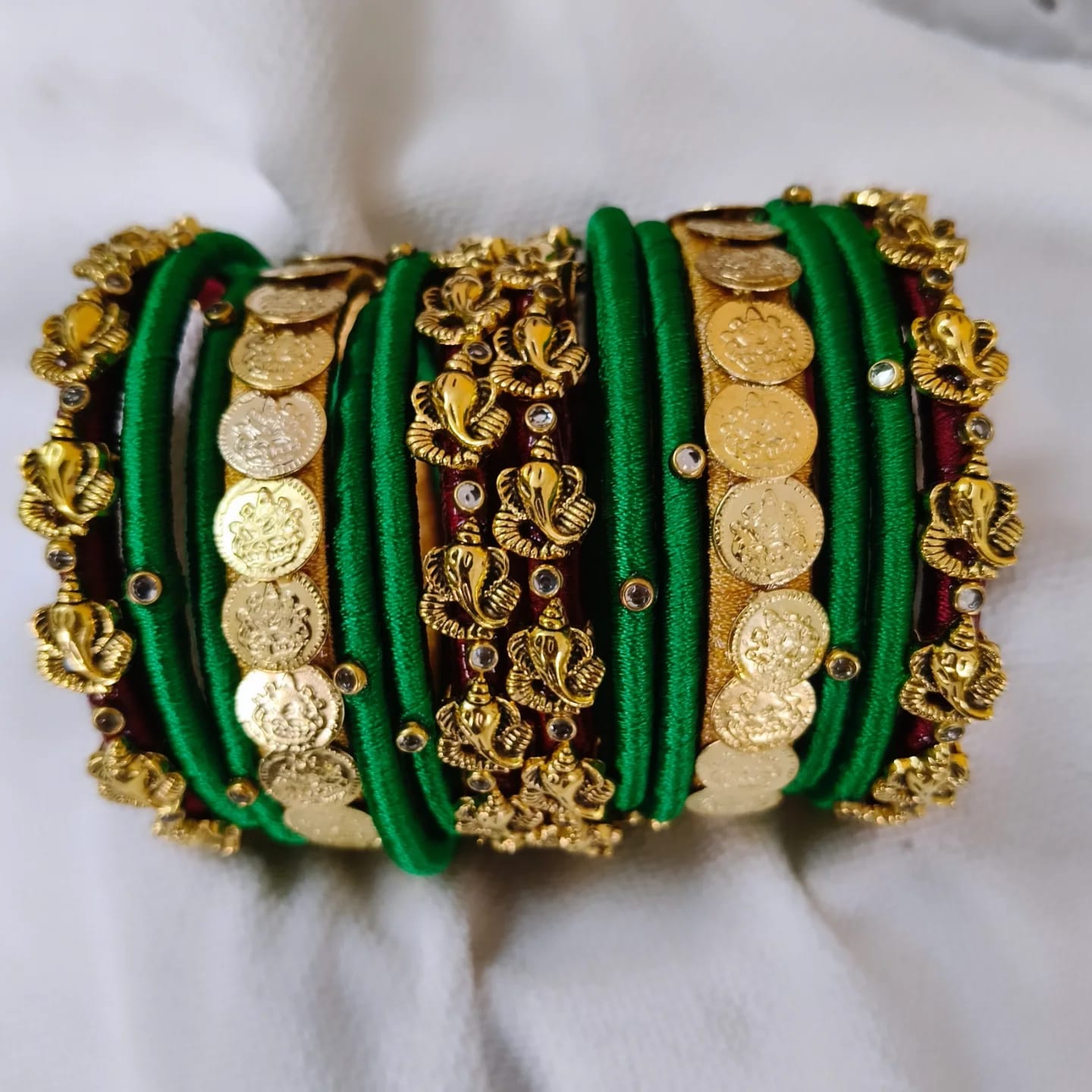 Emerald Coin Charm Silk Thread Bangles Set