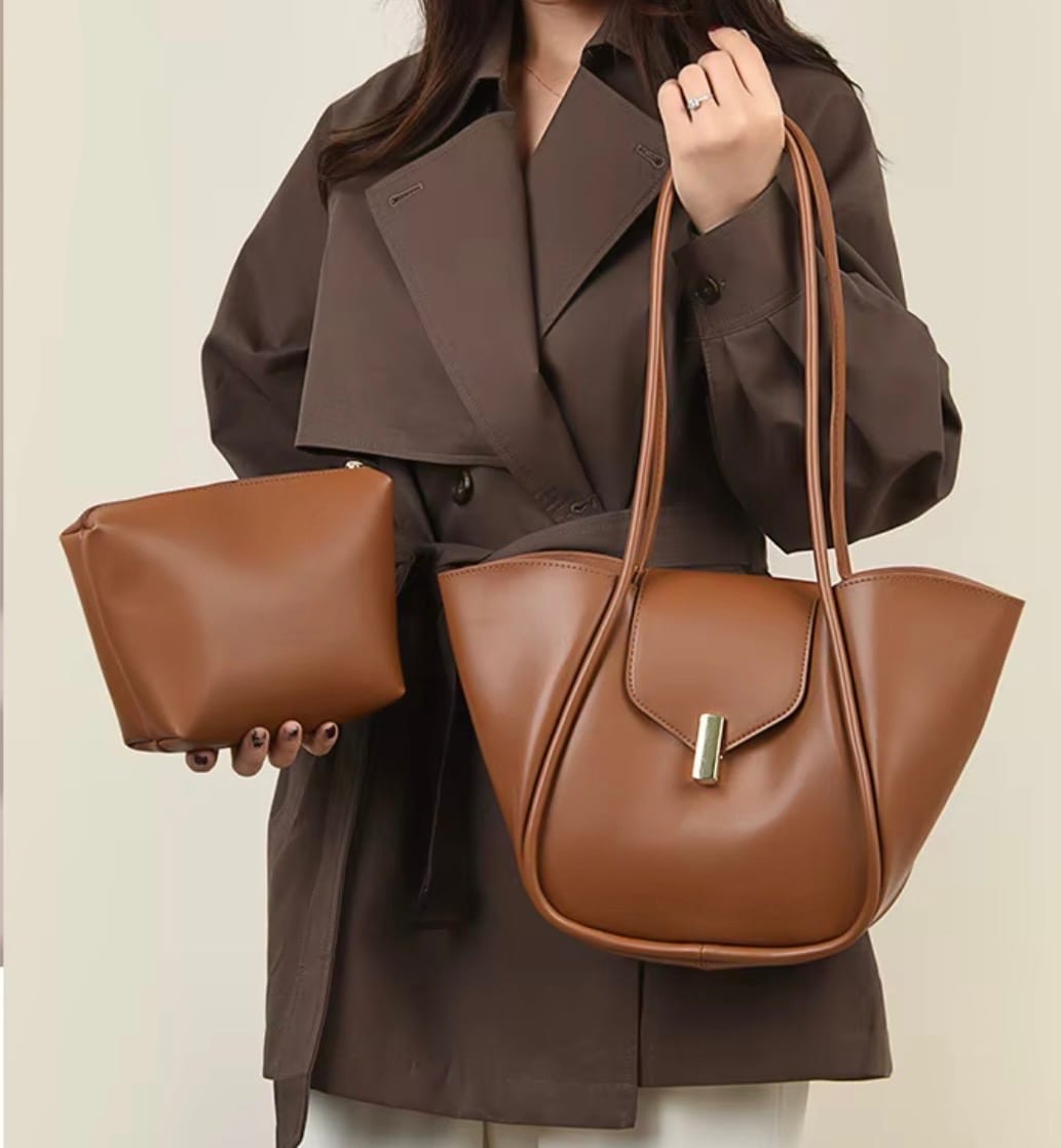 Sculpted Brown Vegan Leather Tote Set