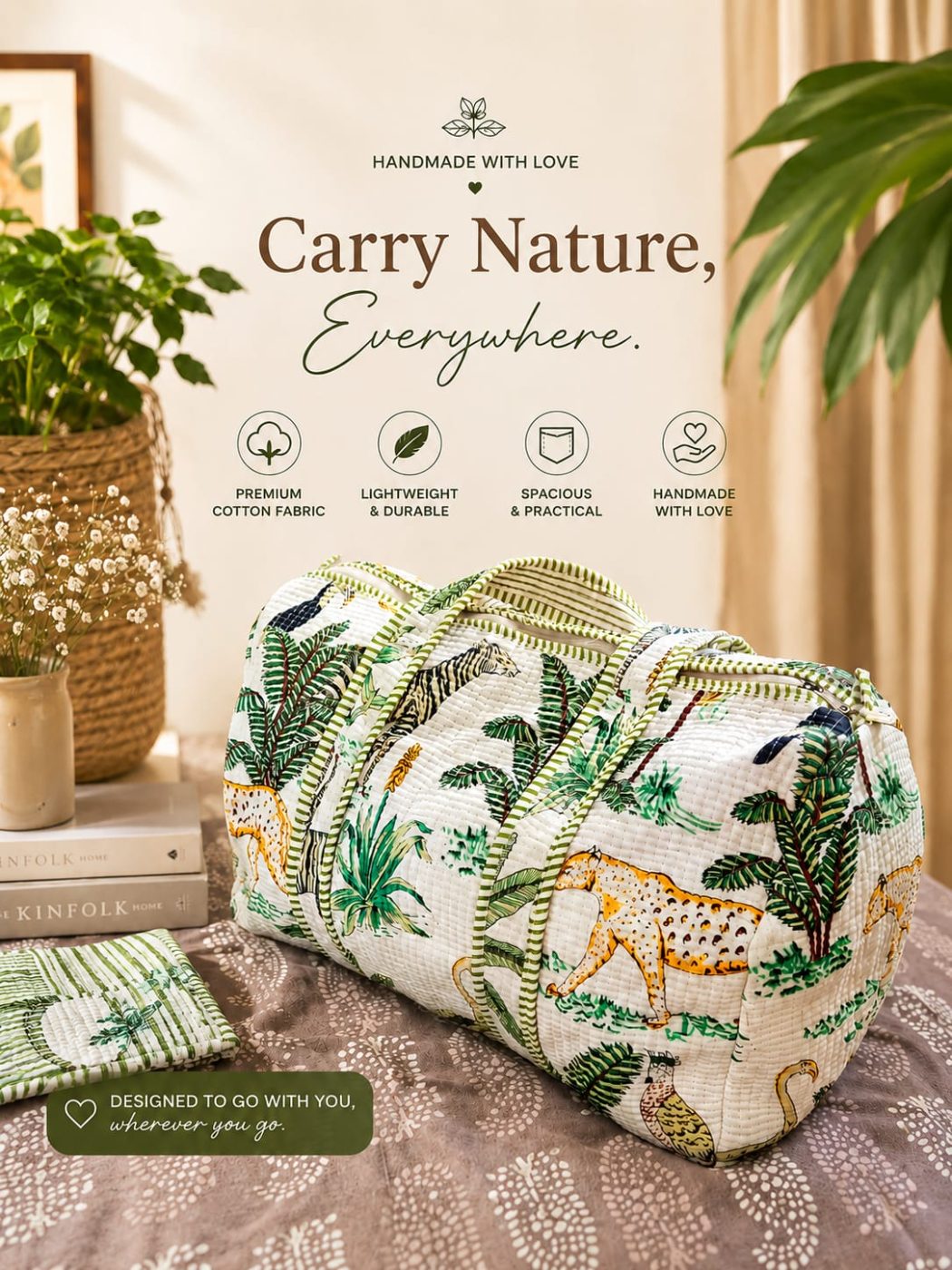 Handcrafted Cotton Duffle Bag with Nature Print
