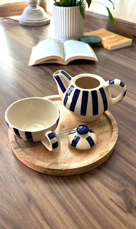 Handmade Ceramic Striped Tea Pot and Cup Set