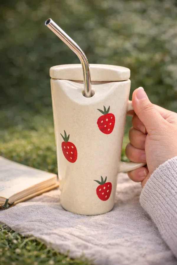 Hand-Painted Strawberry Ceramic Mug with Lid