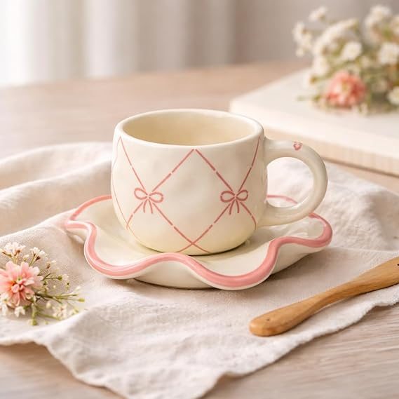Pink Bow Blush Cup & Scallop Saucer Set
