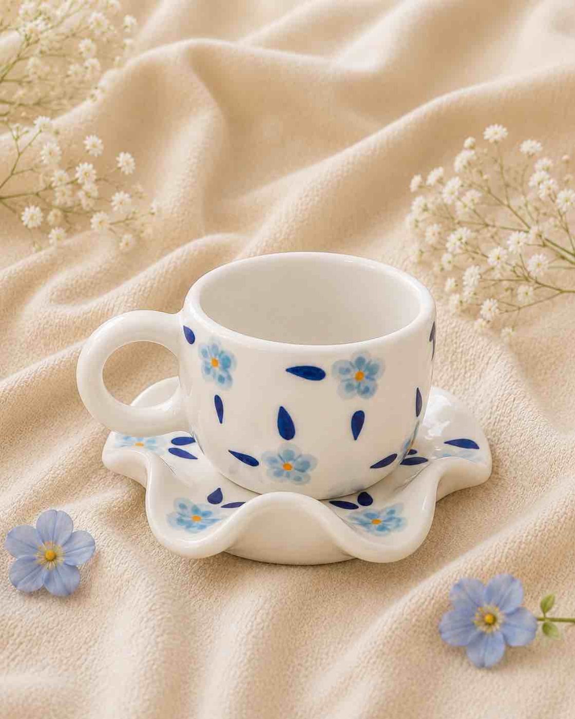 Blue Daisy Cup & Scallop Saucer Set