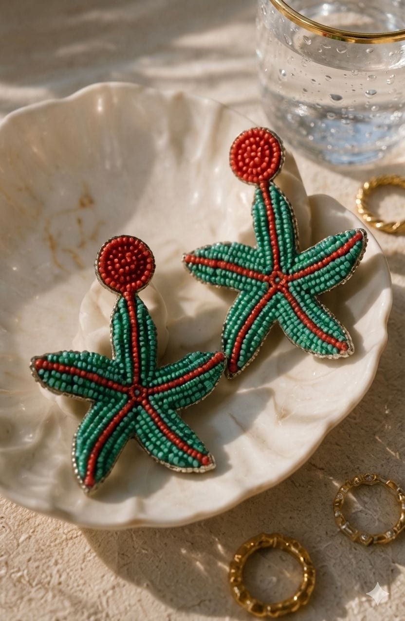 Teal & Coral Starfish Beaded Earrings