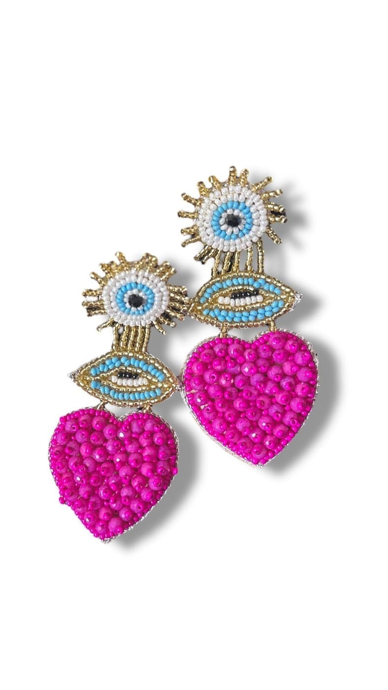 Evil Eye & Heart Beaded Drop Earrings
