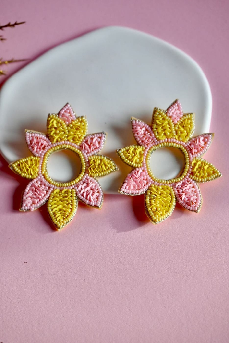 Pink & Yellow Flower Hoop Stud Earrings