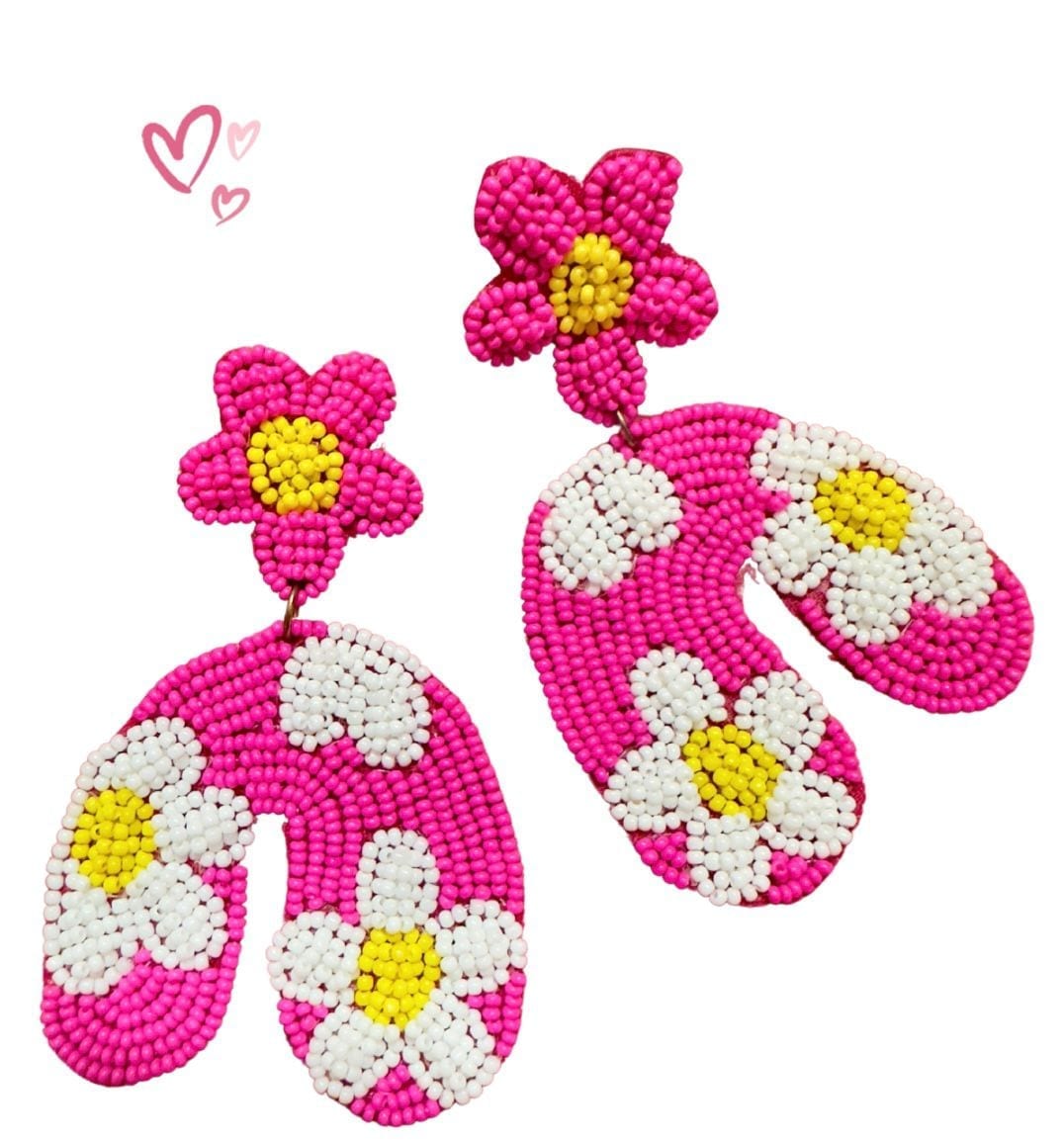 Hot Pink Daisy Beaded Drop Earrings