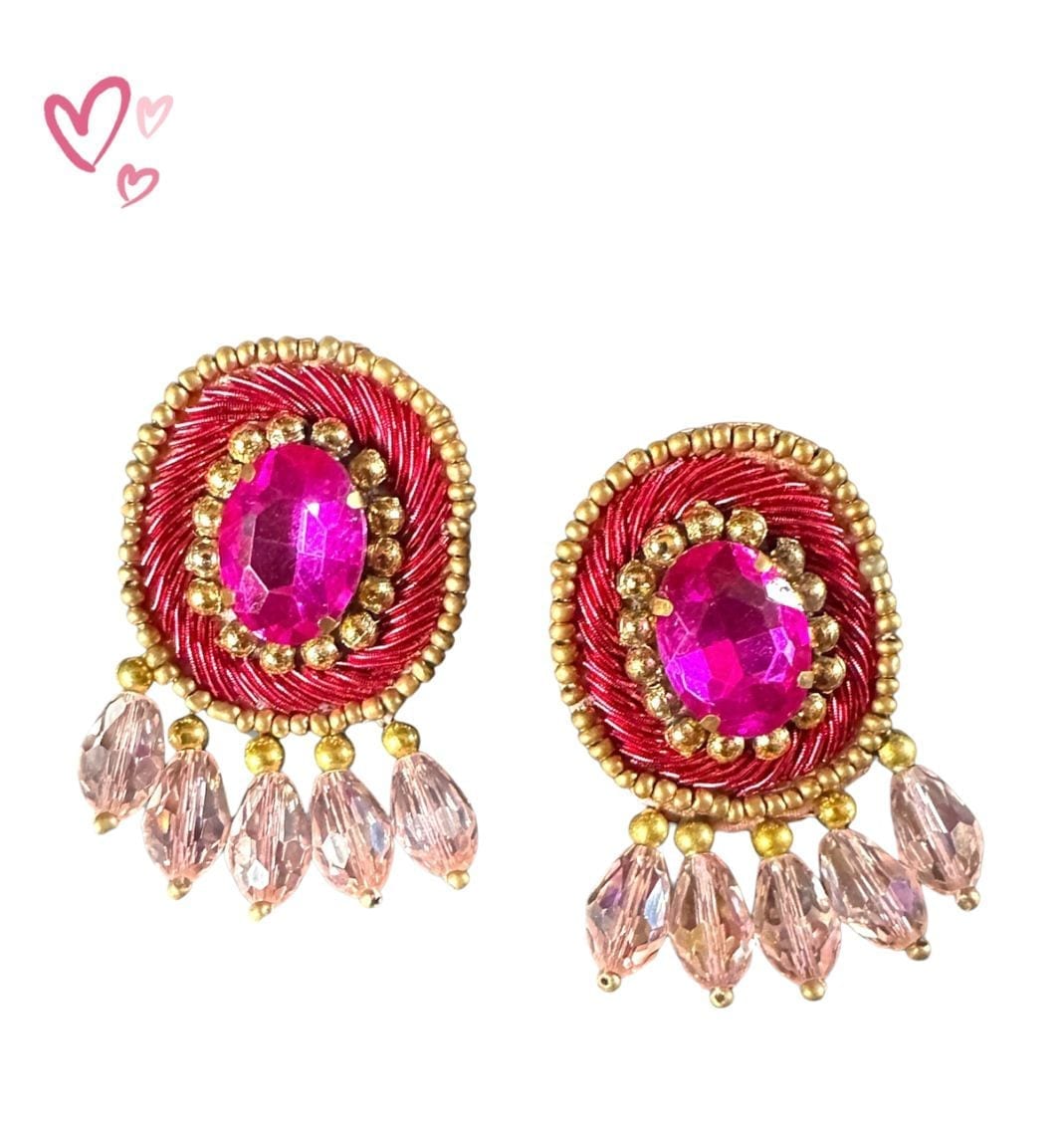 Pink Silk Thread & Crystal Drop Studs