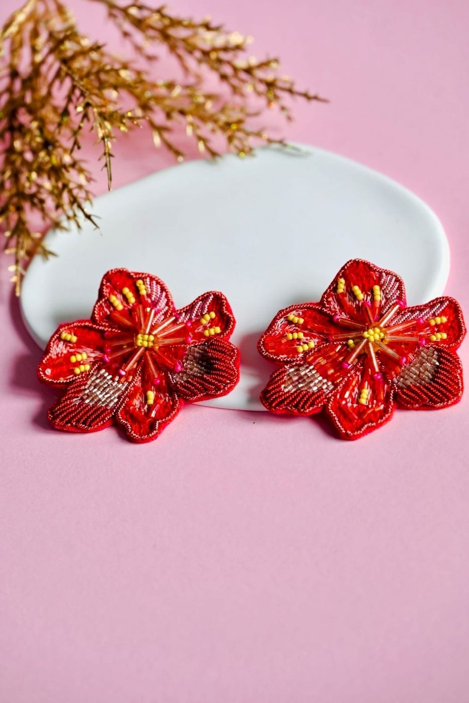Red Beaded Flower Stud Earrings