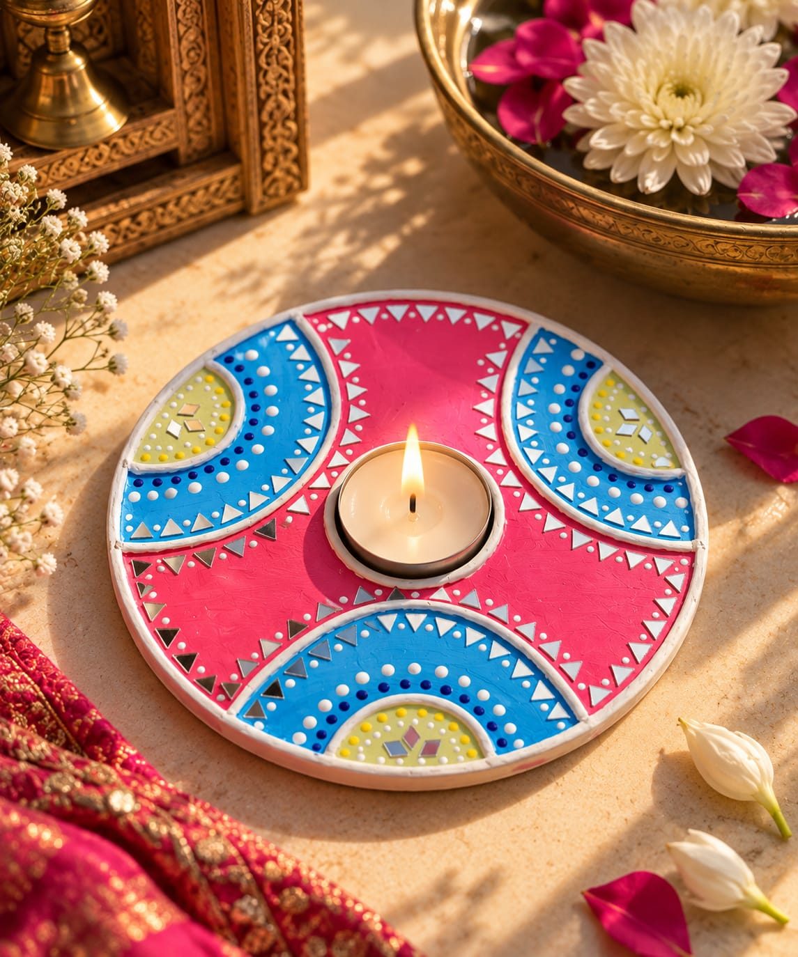 Vibrant Handcrafted Diya Plate with Candle