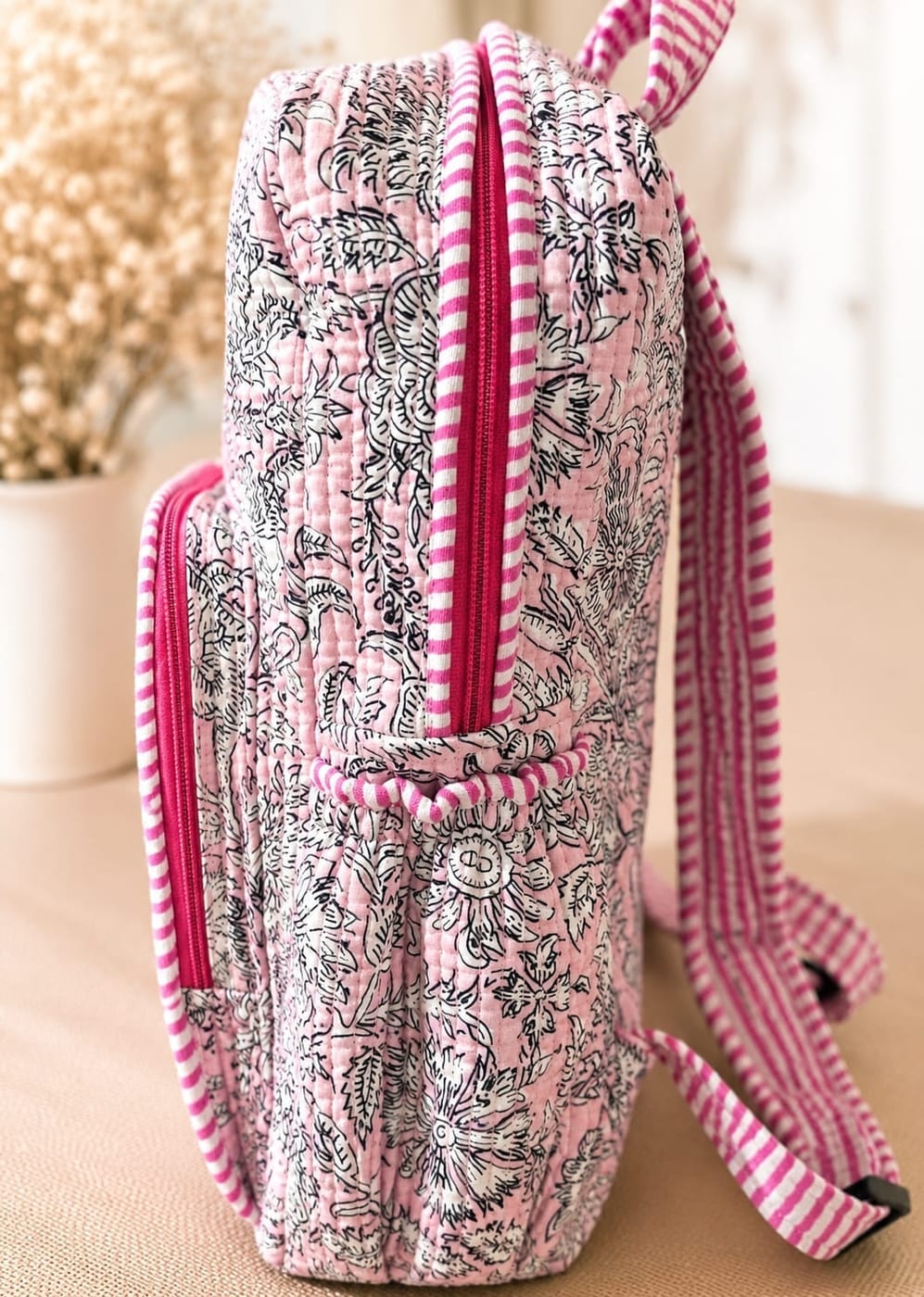 Handcrafted Pink Floral Cotton Backpack