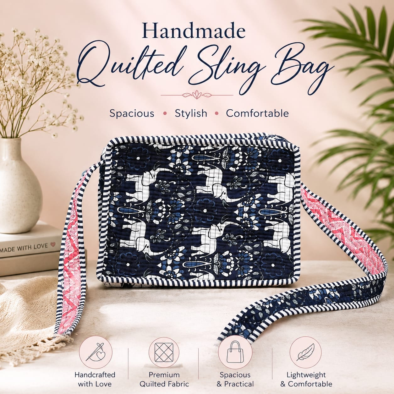 Handmade Quilted Sling Bag in Navy
