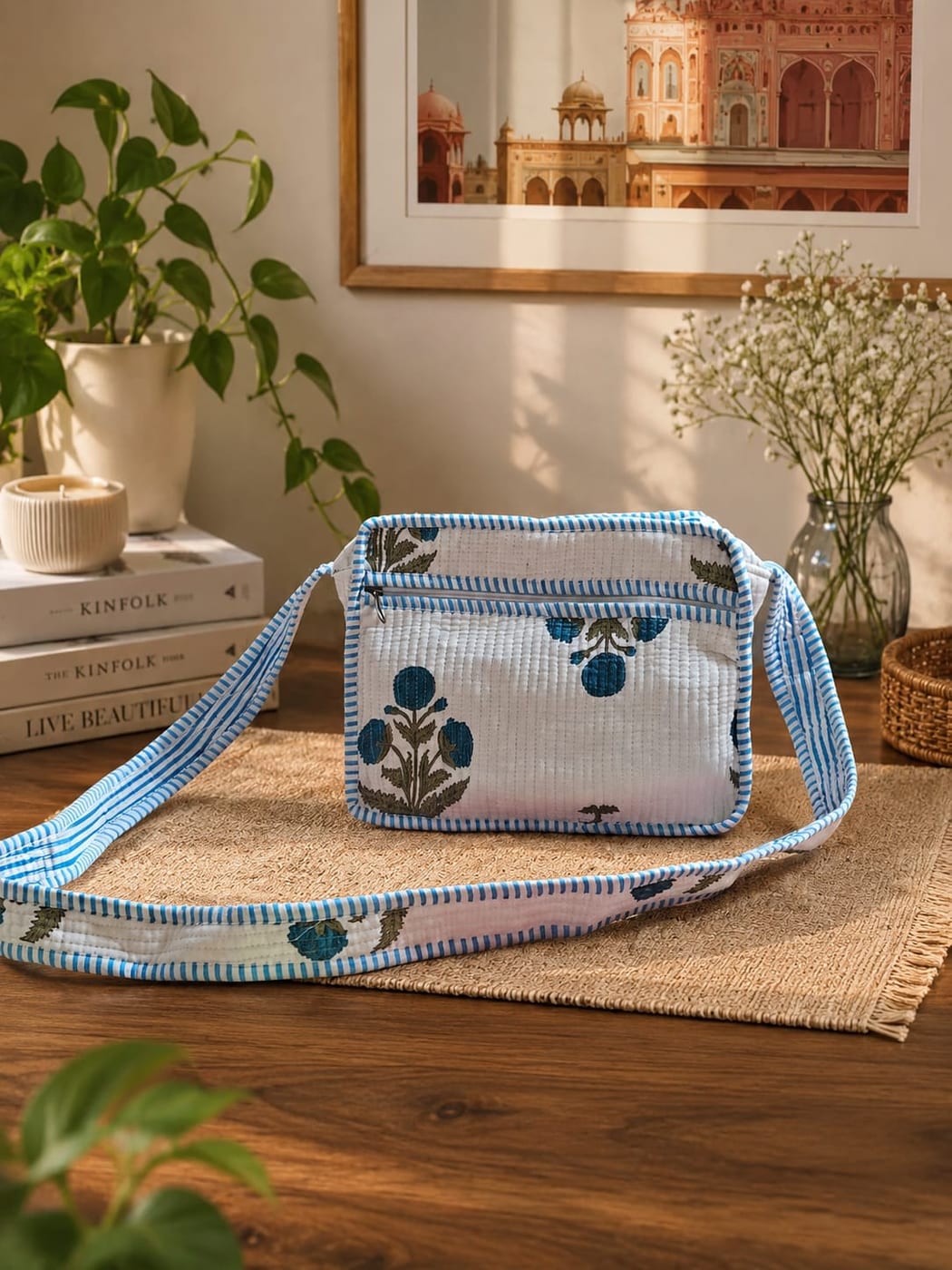 Blue Floral Cotton Crossbody Sling Bag